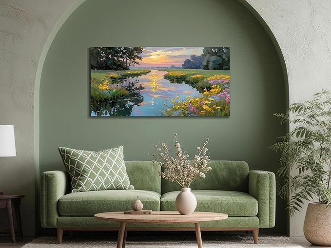 Arjun Landscape Canvas Wall Art Sunset Vibrant Wildflower Flower Field Nature Scene Scenery River Painting, Textured Framed Picture Large Artwork for Living Room Bedroom Wall Decor 40"x20"