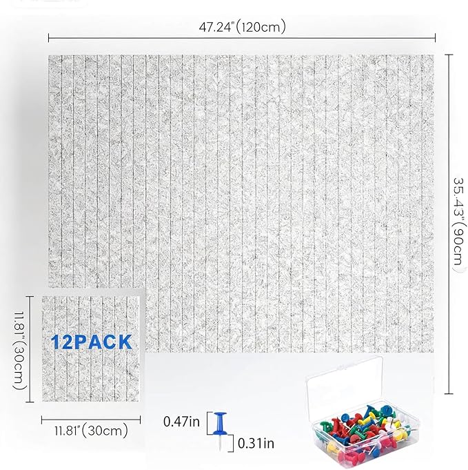Large Felt Bulletin Board, 47"x35" Cork Board Alternative, Adhesive Cork Board with 30 Pushpins, Wall Pin Board, Bulletin Board for Office, 12 Pack, Gray
