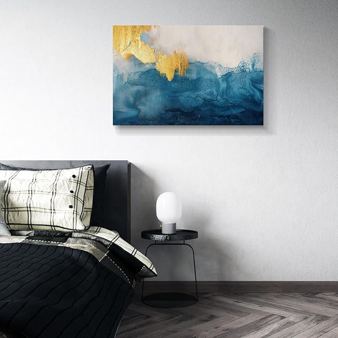 gaosoul Modern Canvas Wall Art Blue Gold Leaf Abstract Painting Prints Minimalism White and Light Blue Tranquility Poster for Living Room Bedroom Office Decor Framed 36x24in