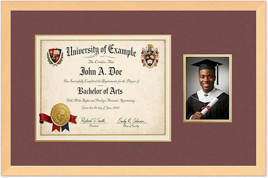 CountryArtHouse Fits 14 x 11 College Diploma (Modern) and 5 x 7 Photo Diploma and Photo Frame Natural Wood Genuine Hardwood with Dark Red Over Metallic Gold Double mat