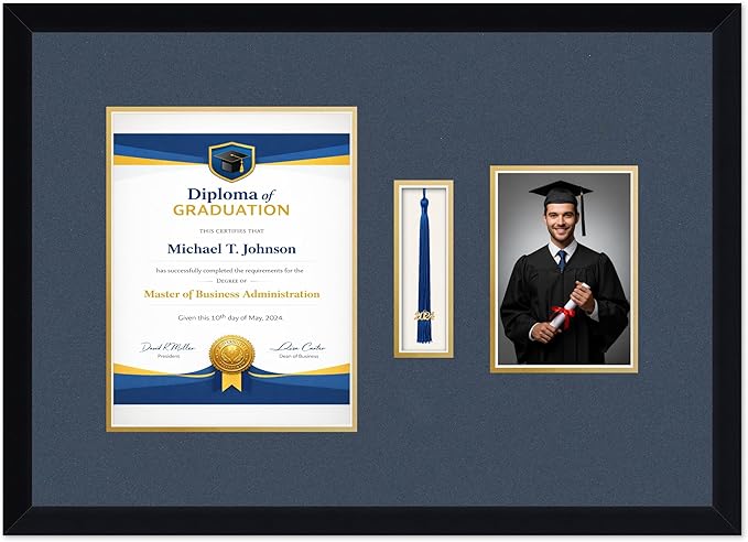 Diploma Tassel and Photo Frame Matte Black Shadowbox Navy Blue Over Gold Mat - Fits 8.5 x 11 Degree Picture Made in the USA