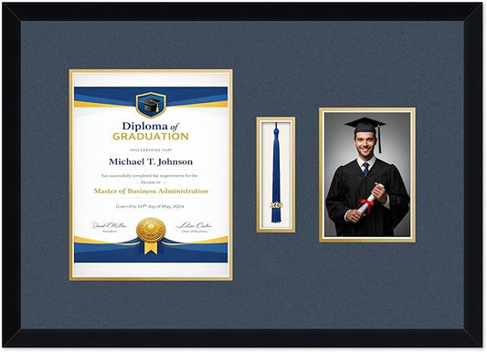 Diploma Tassel and Photo Frame Matte Black Shadowbox Navy Blue Over Gold Mat - Fits 8.5 x 11 Degree Picture Made in the USA
