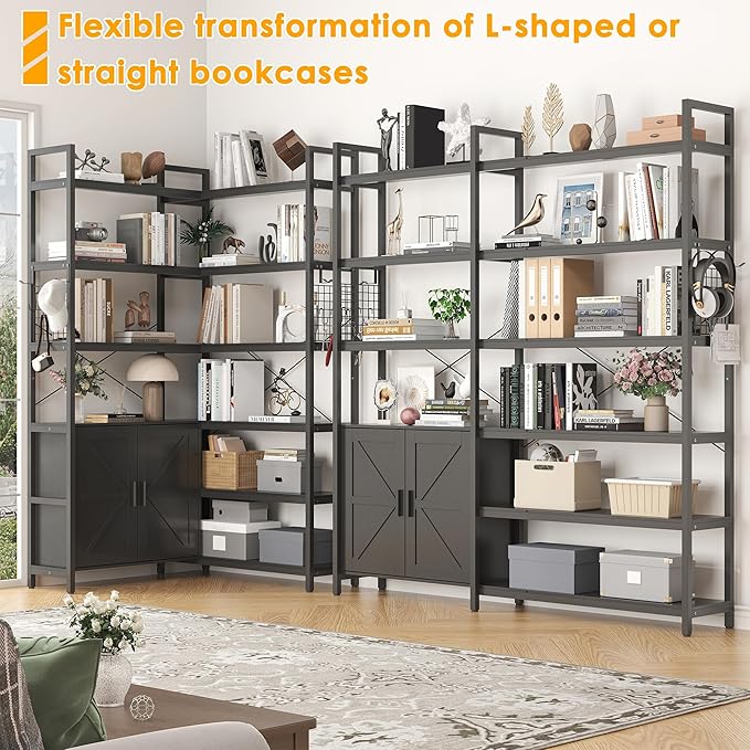 Semoic 6-tire Farmhouse Black Corner Book Shelf with 2 Barn Doors and 10 Storage Shelves, 71.3" Tall Convertible Etagere Bookcase with Storage Cabinet, Large L Shaped Bookshelf for Living Room(Black)