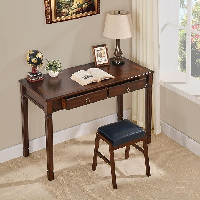 Computer Writing Desk with 2 Storage Drawers, 46"W French Provincial Corner Desk Table with Carved Legs, Solid Wood Large Vanity Dressing Desk, Home Office Table,Easy Assembly, Dark Cherry BSZ-D1258