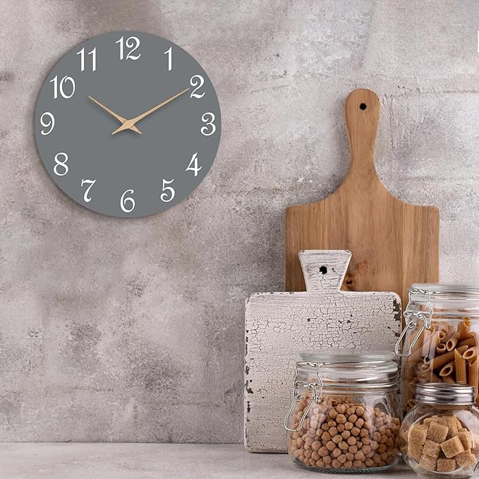 Mosewa Wall Clock Gray Battery Operated Silent Non Ticking Simple Modern Wood Clock Decorative for Bedroom Living Room Home (8.2 Inch)