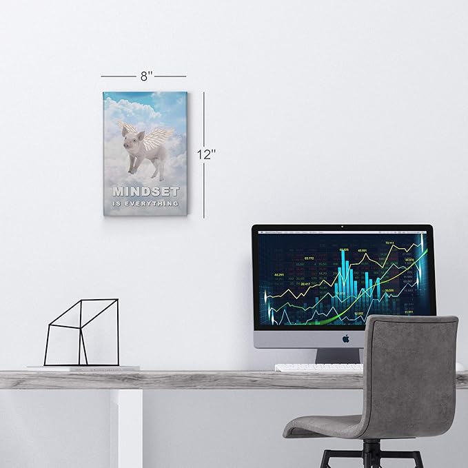 Smile Art Design Mindset is Everything Pig with Wings Flying in Sky Motivational Wall Art Canvas Print Inspirational Entrepreneur Quote Canvas Print Modern Office Decor Gift Ready to Hang 40x30