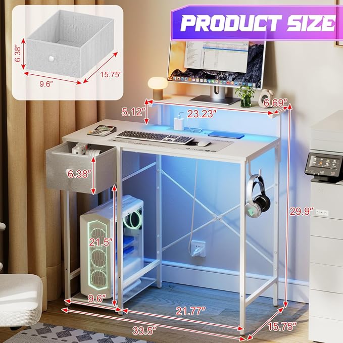 X-cosrack 33.5" Small Gaming Desk with LED Lights & Power Outlets, Compact Computer Desk with Monitor Stand & CPU Stand, Gamer Table with Storage Drawer, Side Hooks for Home Office, Bedroom, White