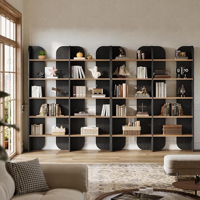 Tribesigns 5-Tier Farmhouse Bookshelf, 70.87-Inch Tall Double Wide Bookcase with Open Shelves, Vintage Floor Standing Book Shelf (2, Black+Brown)