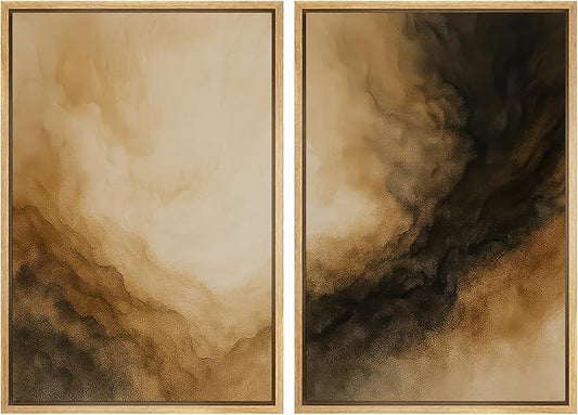 SIGNWIN Framed Canvas Print Wall Art Set Golden Brown Abstract Cloudscape Dramatic Modern Landscape Illustrations Modern Art Decorative Multicolor for Living Room, Bedroom, Office - 24"x36"x2 Natural