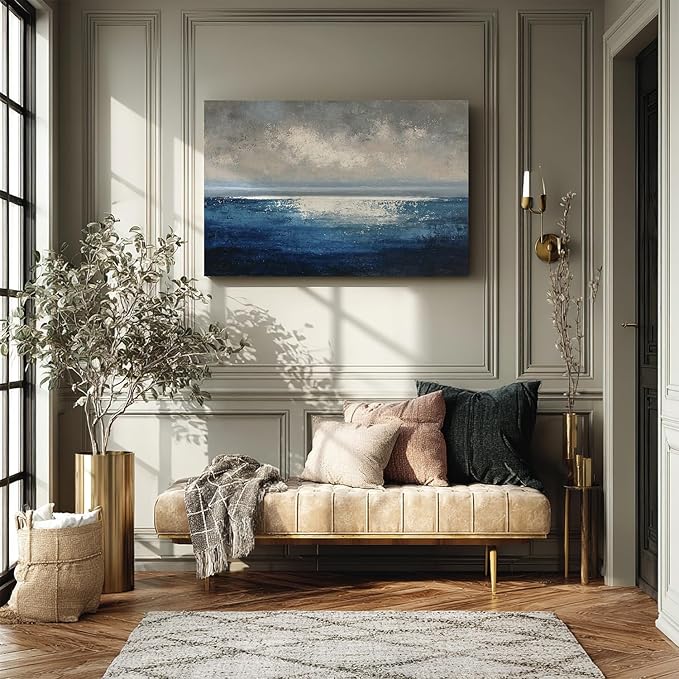 gaosoul Modern Blue Abstract Canvas Wall Art Hand Painted Oil Seascape Prints with Gradient Ocean Blues Misty Gray Sky Gallery Wrapped Wall Decor for Living Room Bedroom Office Framed 36x24in