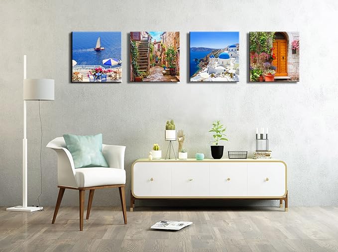 Santorini Greece Canvas Wall Art, Nature Landscape Pictures Print Rustic Scenic Paintings for Bedroom Living Room Office, Wall Decor Modern Artwork