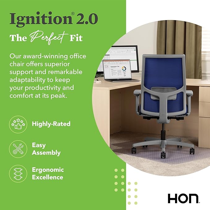 HON Ignition 2.0 Mid Back Task Chair, Spectrum Mesh, Advanced Synchro-Tilt Control, Office Chair with Lumbar Support, Height and Width Adjustable Arms, Titanium Frame, Cobalt