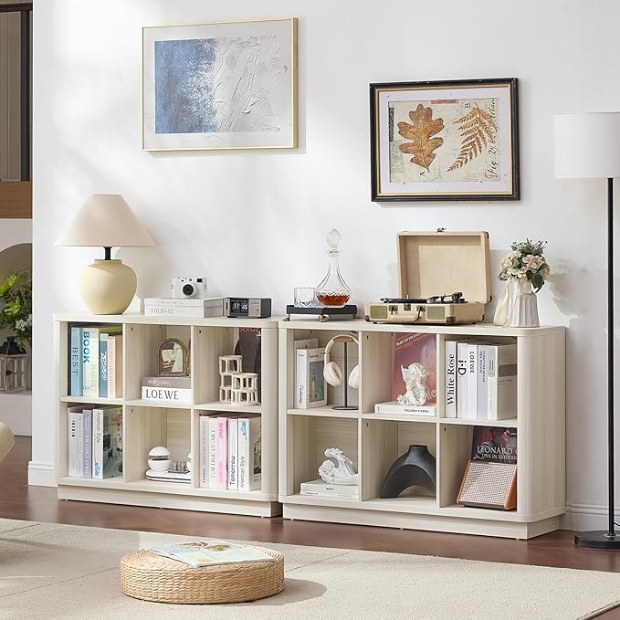 6 Cube Bookcase, 40" Wide Horizontal 2-Tier Book Shelf w/Curved Edge, Wood Low Floor Standing Bookshelf with Base, Modern Short Storage Organizer for Living Room,Office, Gray-White Cream Oak