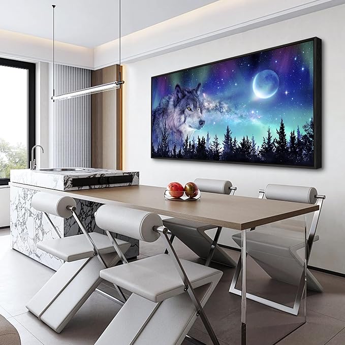 Wapluam Black Framed Canvas Wall Art For Living Room Family Wall Decor For Bedroom Wall Decorations For Office Abstract Aurora Scenery Paintings Wolf Wall Pictures Artwork Room Home Decor 20" X 40"