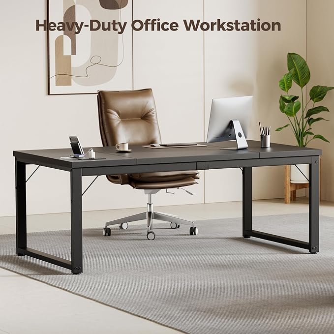 Mericonia 63 Inch Large Computer Desk with Power Outlets, 1.2" Thick Heavy Duty Industrial Office Desk, Modern Simple Study Writing Table for Home Office Bedroom Workstation, Black