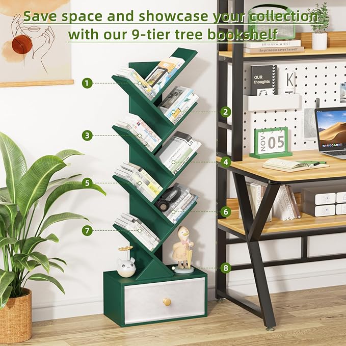 8 Tier Tree Bookshelf with Drawer, Free Standing Wood Green Bookcase for Narrow Space, Storage Organizer Bookshelves for Books, Book Case for Home Office, Living Room, Bedroom