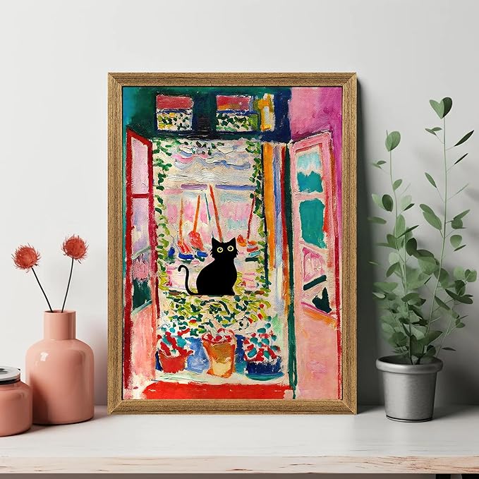 Fantasy Artists Henri Matisse Cat Wall Art, Framed Open Window Black Cat Canvas Poster Prints, Abstract Aesthetic Wall Decors for Living Room, Oil Paintings for Room Bathroom Decorations 16" X 24"