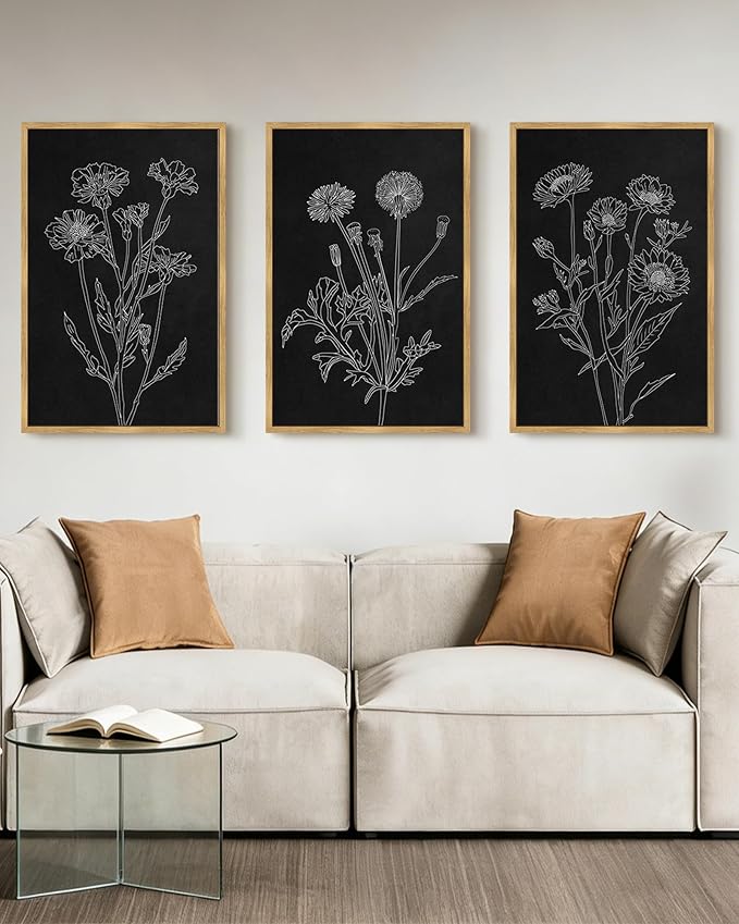 Drsoum Black White Flower Wall Art Vintage Minimalist Floral Wall Hanging Decor Bohemain Botanical Prints Artwork for Bedroom Living Room Hallway 24x36in Natural Framed
