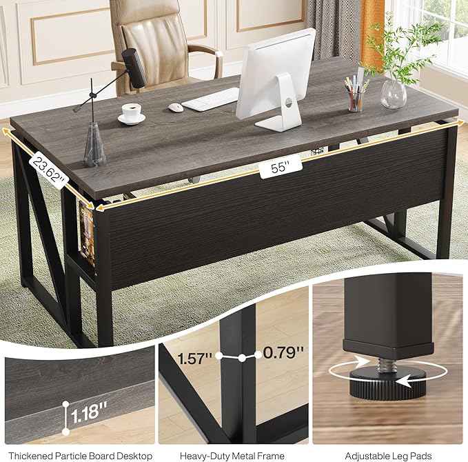 Tribesigns 55 inches Computer Desk with Bottom Storage Shelf Home Office Desk Writing Table for Workstation,Dark Walnut + Steel Leg， Cabinet not Included (Grey, 55-inch -with Shelf)