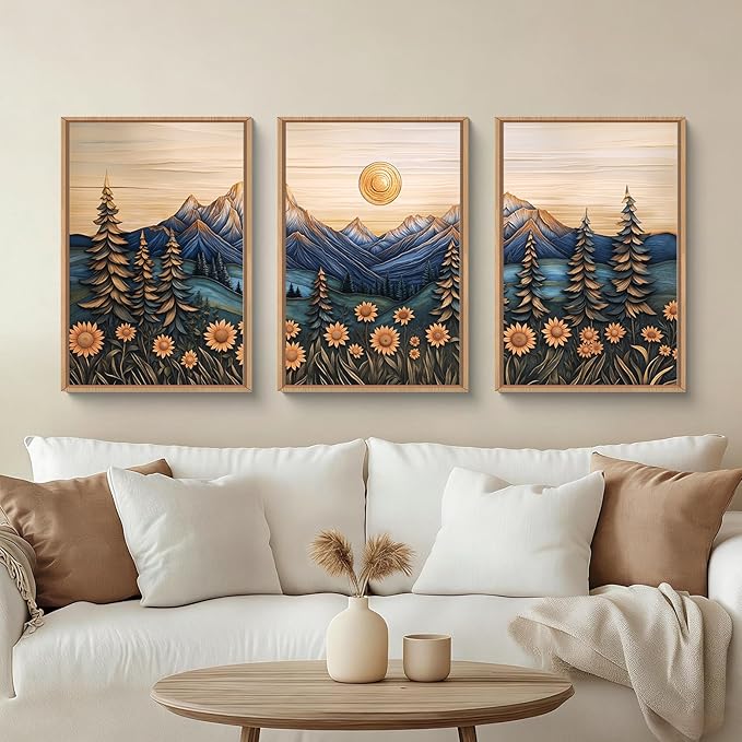 Aryroi Vintage Woodcut Style Mountain Framed Canvas Wall Art Set, Natural Forest Pine Tree Sunflower Wall Decor,Abstract Sunrise Botanical Landscape Artwork for Living Room,Bedroom,Office-24 x36 x3