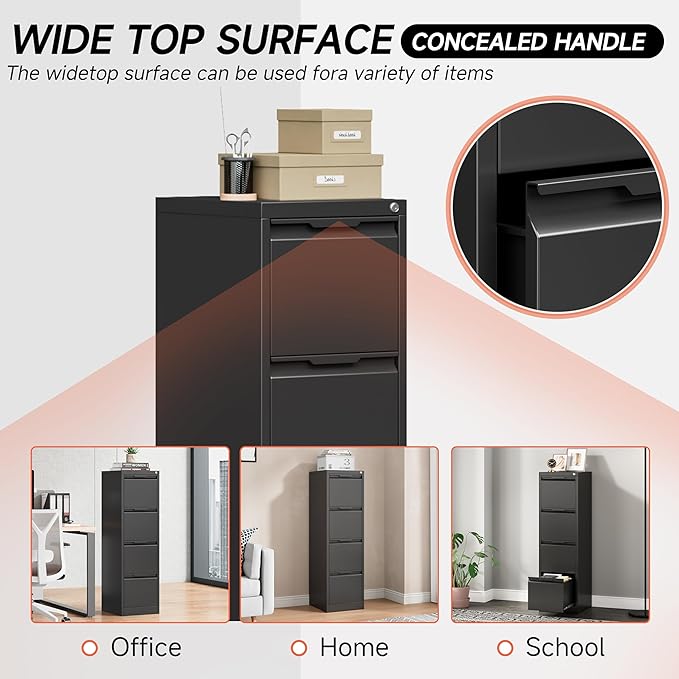4 Drawer File Cabinet,Metal Vertical File Storage Cabinet with Lock,Filing Cabinets for Home Office,A4 Legal/Letter-Assembly Required/Black