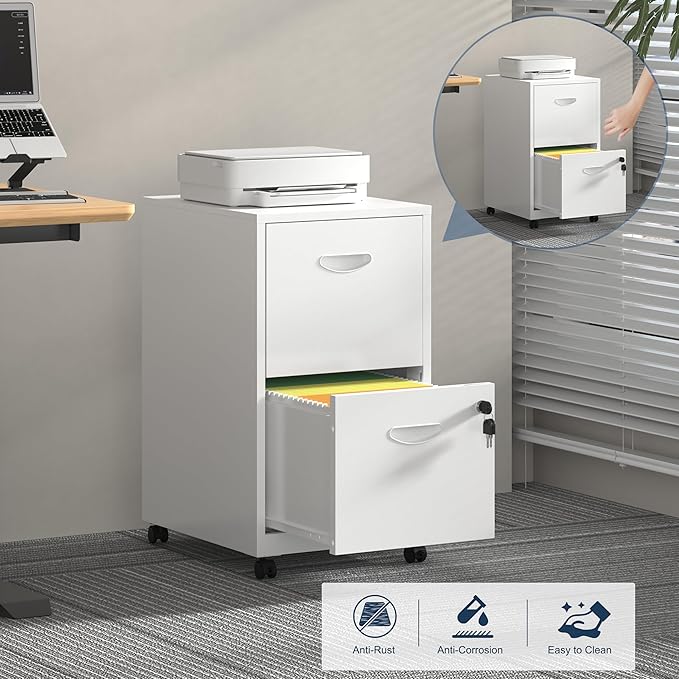 2 Drawer File Cabinet with Lock, Filing Cabinets with Wheels, Rolling File Cabinets for Home Office, Metal Office File Cabinet, for Holding Letters and File Boxes, Assembly Required, White