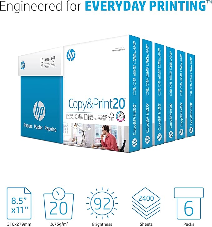 HP Printer Papers | 8.5 x 11 Paper | Copy &Print 20 lb| 6 Pack Case - 2,400 Sheets | 92 Bright | FSC Certified | 200010C