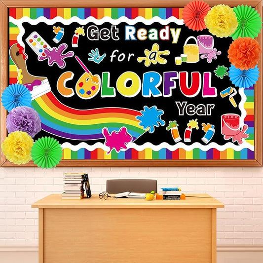 Get Ready for A Colorful Year Bulletin Board Classroom Decorations 3D Colorful Back to School Bulletin Board Set with Tissue Paper Fans Pompoms Art Painting Cutouts for Offices Chalkboard Wall Supplie