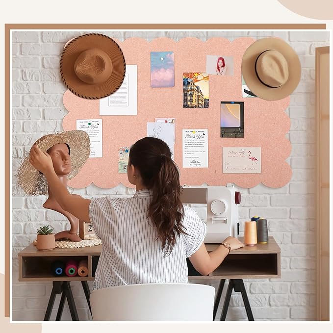 Scalloped Felt Bulletin Board 36 x 24 Inches Foldable Light Pink Pin Cork Board Alternative for Wall, 3' x 2' Trifold Picture Vision Self Adhesive Bulletin Decorative