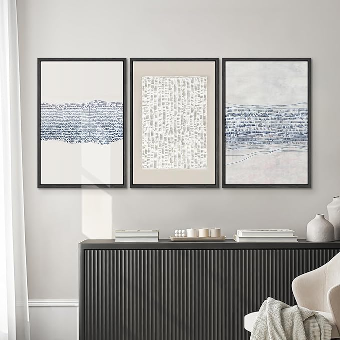 SIGNWIN Framed Canvas Print Wall Art Set Blue White Grunge Geometric Pattern Abstract Shapes Cozy Neutral Modern Art Decorative Contemporary Minimal for Living Room, Bedroom, Office - 16"x24"x3 Black