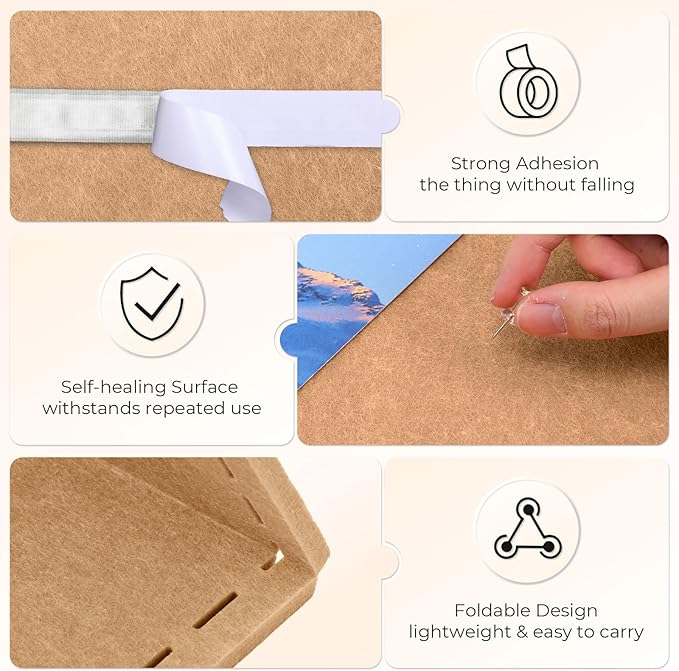 3 Pack Large Felt Bulletin Boards 24"/16"/7"x 16" Foldable Picture Vision Board for Office Wall Frameless Cork Board with 60 Push Pin for Home, Kitchen, Wall Pin Boards(Brown)