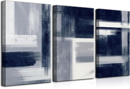 Wavkkey 3Pcs Navy Blue Abstract Canvas Wall Art Blue Grey Neutral Modern Geometric Abstract Painting Poster Wall Decor Print Artwork for Living Room Bedroom Office Home Decoration