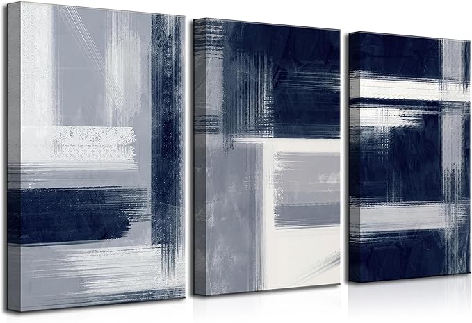 Wavkkey 3Pcs Navy Blue Abstract Canvas Wall Art Blue Grey Neutral Modern Geometric Abstract Painting Poster Wall Decor Print Artwork for Living Room Bedroom Office Home Decoration