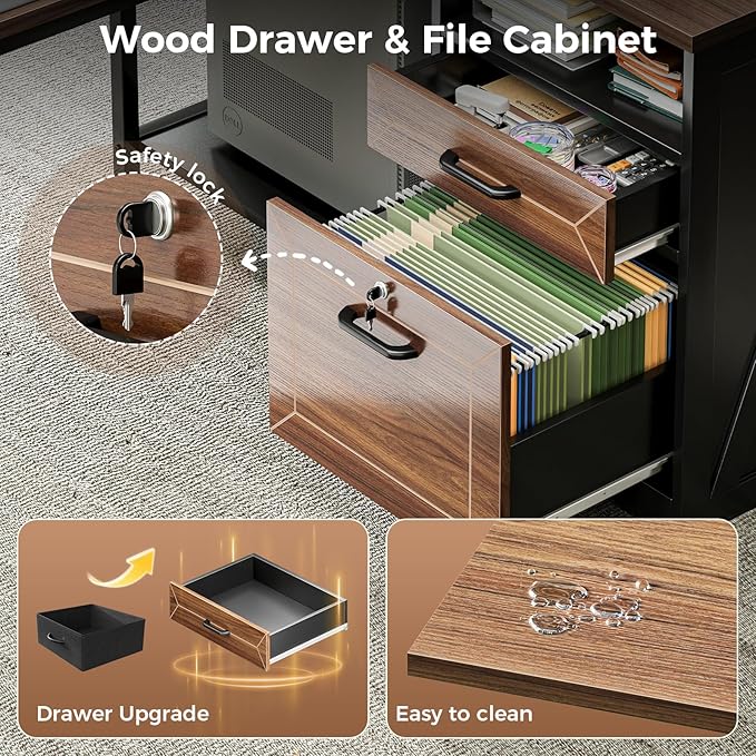AODK L Shaped Desk with Wooden Drawers & Locking File Cabinet, 61 Inch Large Executive Desk with Power Outlet, Led Computer Desk with Storage, Corner Office desk with Monitor Stand & CPU Stand, Walnut
