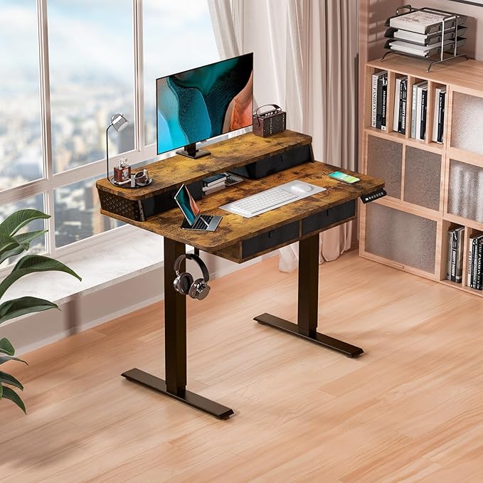 Kingant 40 x 24 Inch Small Electric Standing Desk with 4 Drawers, Height Adjustable Sit to Stand Computer Desk with Storage Shelf and C-Clamp Mount Compatibility for Home Office, Rustic Brown