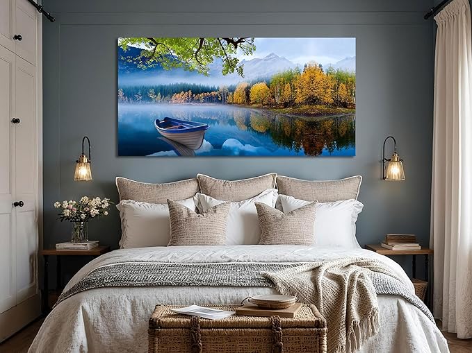 Arjun Landscape Wall Art for Living Room Lake Canvas Blue Picture Bedroom, Nature Boat Artwork Modern Nature Painting Framed Large Home Office Dining Room Wall Decor, Extra Large 58"x29"