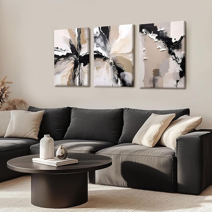 NCCXNCC 3 Pcs Abstract Canvas Wall Art in Black and Beige Modern Wall Decor Paintings Texture Posters Print Modern Geometric Pictures Artwork Suitable for Living Room Bedroom Home Office 12x16 inch