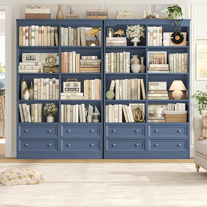 FINETONES 71" Tall Bookshelf with 4 Drawers, 6-Tier Double Wide Bookshelves and Bookcases with Storage, Blue Bookshelf Large Open Bookshelves Standing Book Cabinet for Home Office