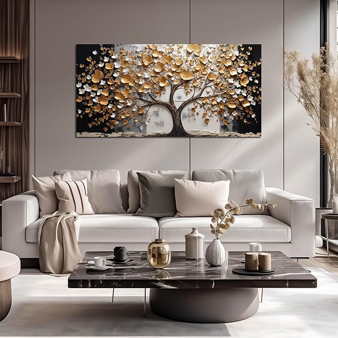 SKYRISE Abstract Gold Tree Wall Art for Living Room, Golden Tree Canvas Wall-Decor for Bedroom, Modern Landscape Decorative-Picture Print Artwork for Office Home, Size 48x24 Inches