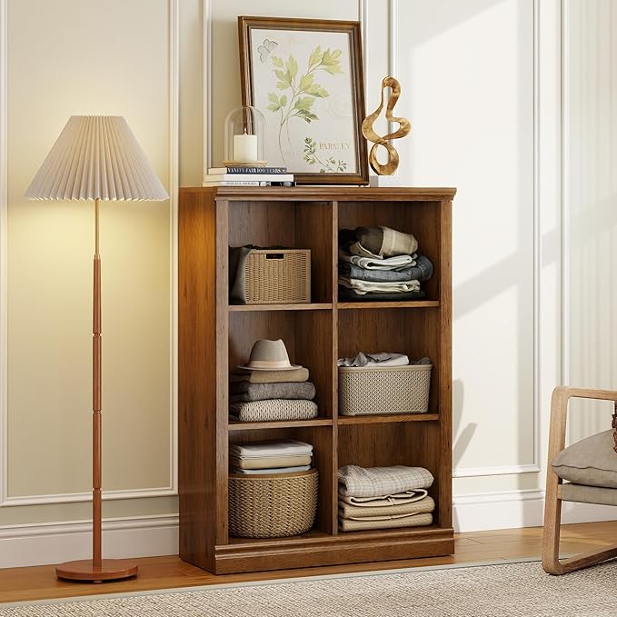 6 Cube Storage Organizer Bookcase - 3 Tiers 6 Storage Cube Adjustable Space Book Case, Display Cabinet Organizer, 30 inch Width Horizontal Bookshelf for Home Library Office, Vintage Oak