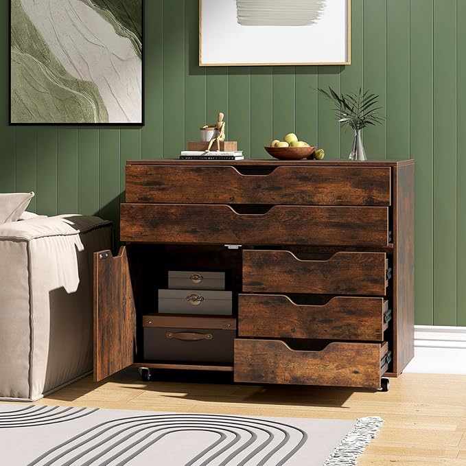 File Cabinet, 5 Drawer Filing Cabinet with Door, Mobile Storage Organizer, Wooden Printer Stand on Wheels for Study Home Office Living Room (Rustic Brown)