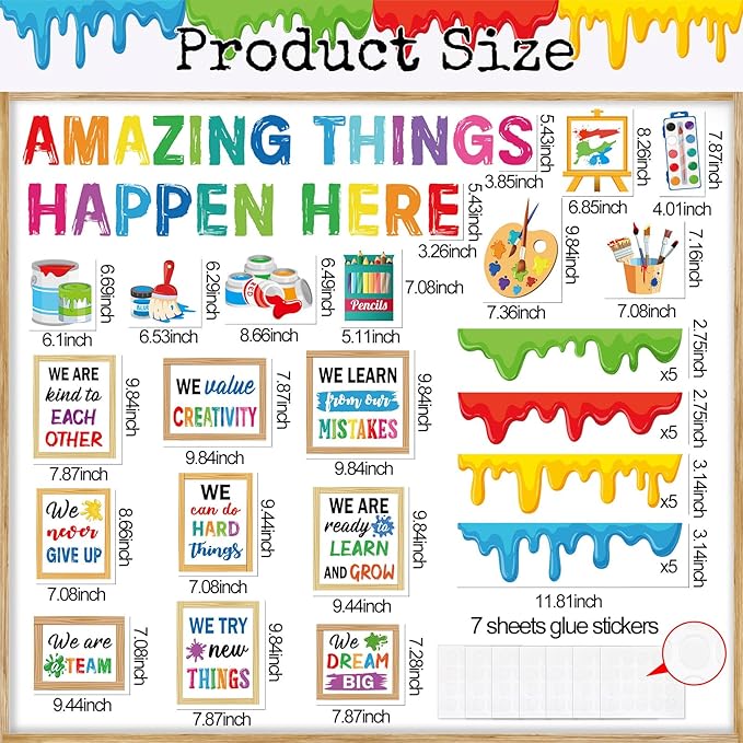 Qilery Art Theme Bulletin Board Set, Amazing Things Happen Here Paint Splatter Cutouts, Colorful Growth Mindset Motivational Classroom Decor, Inspirational Art Room Teacher Supplies