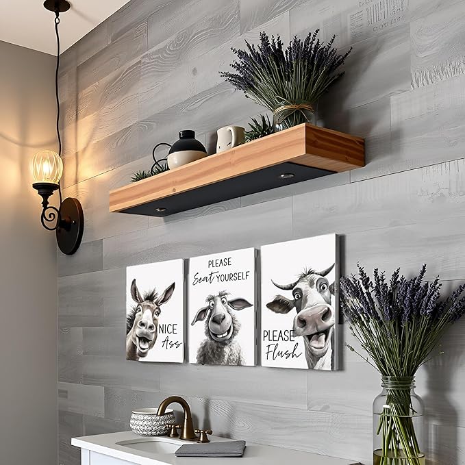 YOUHONG Funny Bathroom Wall Art Farmhouse Decor Cow Pictures with Wooden Frame - Waterproof Canvas Prints 24x36 Inch 3 Piece Funny Art for Bathroom Wall Decor
