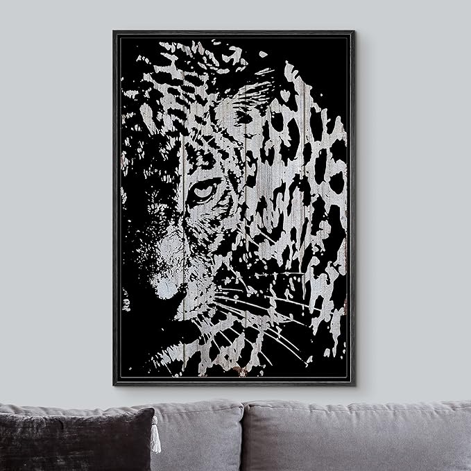 IDEA4WALL Framed Canvas Print Wall Art Grayscale Spotted Leopard on Light Wood Panels Animals WildLife Illustrations Modern Art Tropical Portrait for Living Room, Bedroom, Office - 24"x36" BLACK