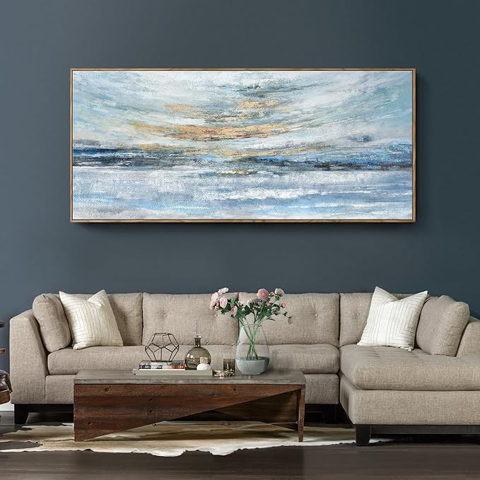 Nicetop Extra Large Framed Abstract Ocean Landscape Wall Art, Serene Sunset Painting with Natural Wooden Frame, Modern Coastal Décor for Living Room, Bedroom & Office, 71x32 Inch