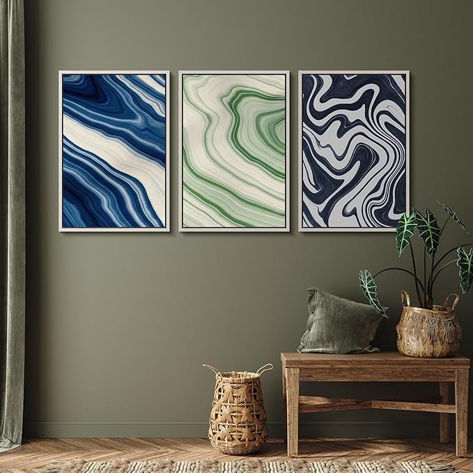 SIGNFORD Framed Wall Art Print Set Blue and Green Marble Swirl Abstract Bold Digital Art Modern Art Contemporary for Living Room, Bedroom, Office - 16"x24"x3 WHITE