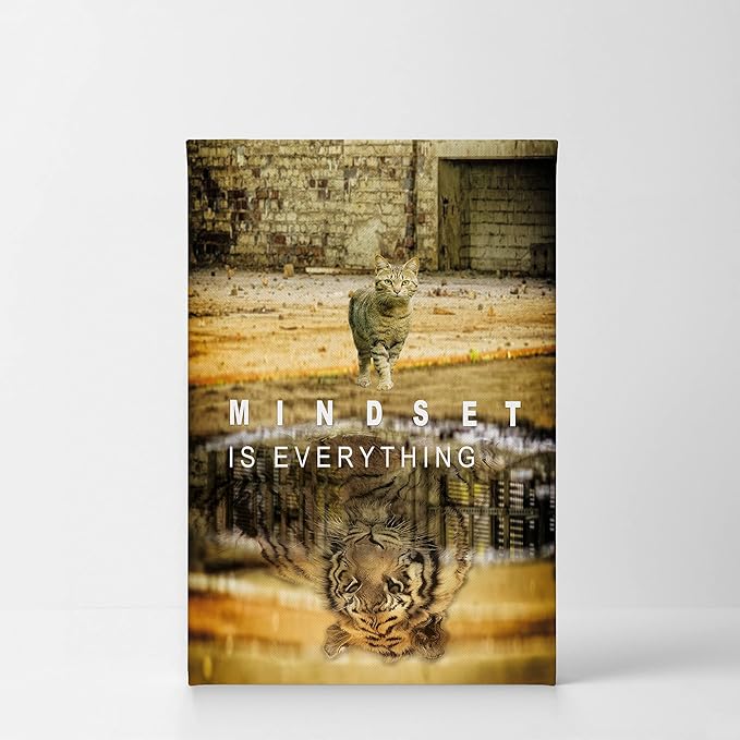 Smile Art Design Mindset is Everyting Cat and Reflection is Tiger Motivational Wall Art Canvas Print Inspirational Entrepreneur Quote Office Living Room Decor Gift Ready to Hang 22x15