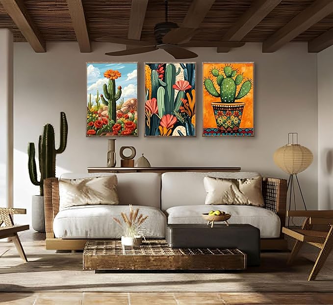 3pcs Framed Mexican Cactus Canvas Wall Art Vintage Desert Floral Posters Boho Southwestern Botanical Pictures Cactus in the desert Wall Decor Paintings Southwestern Potted Plants Prints Wooden framed