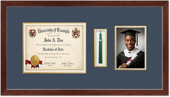 CountryArtHouse Diploma Tassel and Photo Shadowbox Fits 10 x 8 Professional License with Tassel Hook Rustic Walnut Genuine Hardwood with Navy Blue Over Metallic Gold Double mat