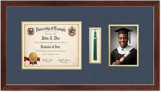 CountryArtHouse Diploma Tassel and Photo Shadowbox Fits 10 x 8 Professional License with Tassel Hook Rustic Walnut Genuine Hardwood with Navy Blue Over Metallic Gold Double mat